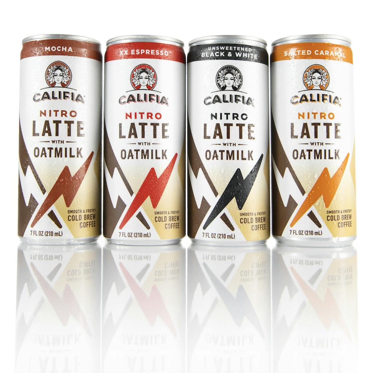 Califia Farms announces new shelf-stable, canned Nitro Draft Lattes made with allergen-friendly, gluten-free Oatmilk; available in Black &amp; White, XX Espresso, Salted Caramel, and Mocha.