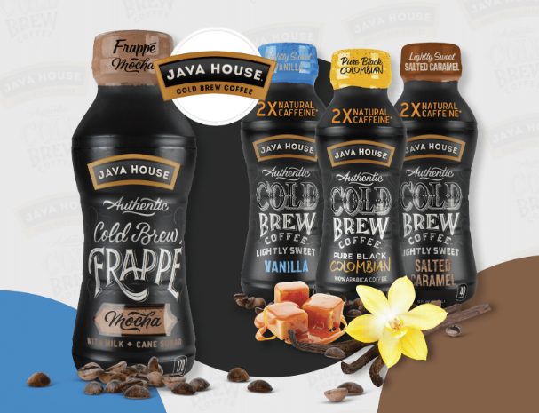 Java House Cold Brew Coffee comes in Frappe Mocha, Pure Black Colombian, Lightly Sweet Vanilla and Lightly Sweet Salted Caramel.
