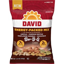 DAVID Energy-Packed Mix is a cravable and crunchy mix of lentils, kernels, pepitas and chickpeas and comes in three flavors: Sea Salt, Ranch, Bar-B-Q.