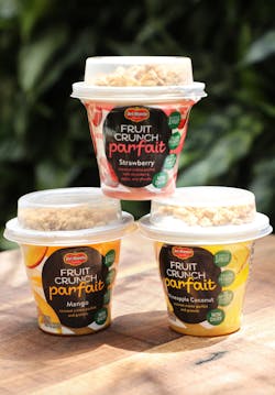 Del Monte's Fruit Crunch Parfait comes in four flavors: Mango, Strawberry, Blueberry, and Pineapple Coconut. Del Monte's Fruit Crunch Parfait comes in four flavors: Mango, Strawberry, Blueberry, and Pineapple Coconut.