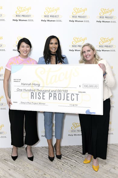 NEW YORK, NEW YORK - NOVEMBER 04: Ahead of Women&apos;s Entrepreneurship Day, entrepreneur Padma Lakshmi (C) and Jessica Spaulding (R) of Stacy&apos;s Pita Chips announce entrepreneur Hannah Hong, founder of Hakuna Brands, as the $100,000 grand prize winner of the inaugural &apos;Stacy&apos;s Rise Project&apos; at a female empowerment luncheon on November 04, 2019, in New York City.