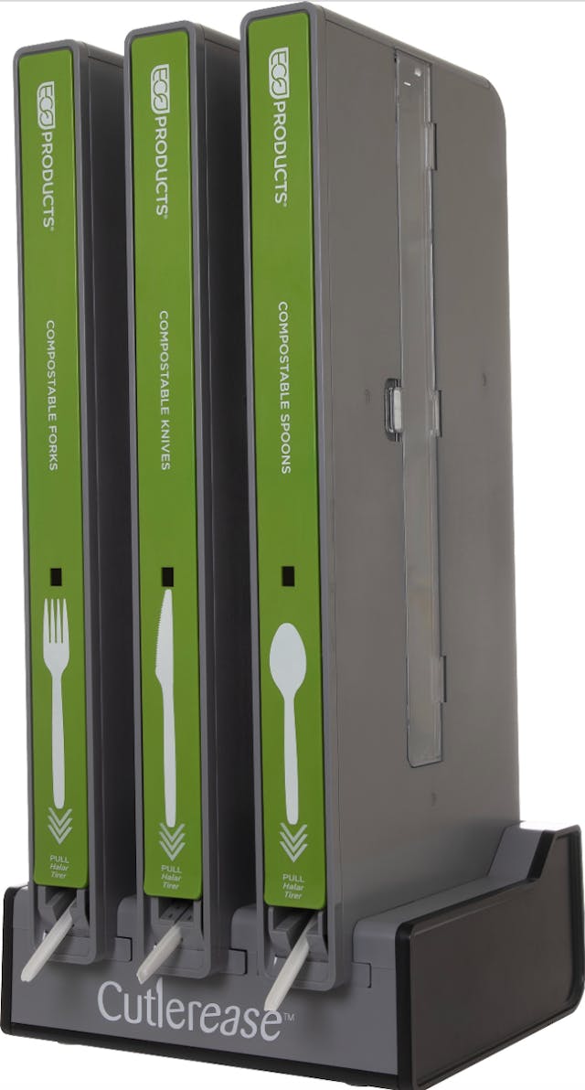 Eco-Products has introduced a line of compostable utensils for use in Cutlerease, a new dispenser that offers customers one fork, knife or spoon at a time. The patented system improves cleanliness, reduces waste, saves space and provides customers with a more convenient way to get compostable utensils.