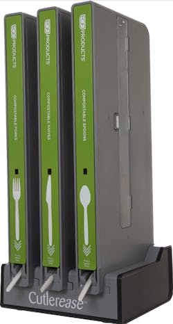 Eco-Products has introduced a line of compostable utensils for use in Cutlerease, a new dispenser that offers customers one fork, knife or spoon at a time. The patented system improves cleanliness, reduces waste, saves space and provides customers with a more convenient way to get compostable utensils. Eco-Products has introduced a line of compostable utensils for use in Cutlerease, a new dispenser that offers customers one fork, knife or spoon at a time. The patented system improves cleanliness, reduces waste, saves space and provides customers with a more convenient way to get compostable utensils.