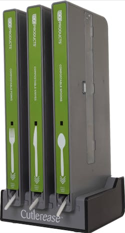 Eco-Products has introduced a line of compostable utensils for use in Cutlerease, a new dispenser that offers customers one fork, knife or spoon at a time. The patented system improves cleanliness, reduces waste, saves space and provides customers with a more convenient way to get compostable utensils.