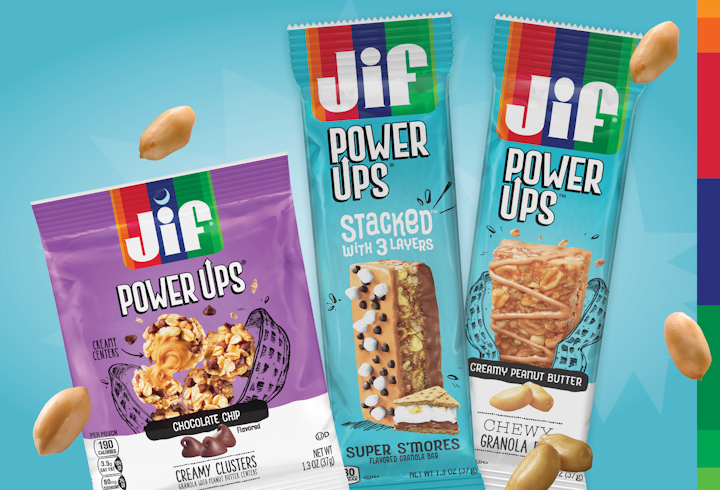 Jif® Power Ups ® are available in Chewy and Stacked™ Granola Bars, and Creamy Clusters.