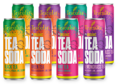 Teatulia Organic Teas' Organic Tea Soda are available in four varieties: Organic Green Tea Soda, Organic Black Tea Soda, Organic Lemongrass Tea Soda and Organic Mint Tea Soda.