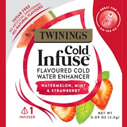 Twinings&circledR; Cold Infuse&trade; Herbal Water Enhancers come in the following flavors: Passionfruit, Mango &amp; Blood Orange; Blueberry, Apple &amp; Blackcurrant; and Watermelon, Mint &amp; Strawberry