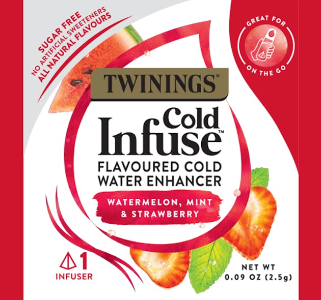 Twinings&circledR; Cold Infuse&trade; Herbal Water Enhancers come in the following flavors: Passionfruit, Mango &amp; Blood Orange; Blueberry, Apple &amp; Blackcurrant; and Watermelon, Mint &amp; Strawberry