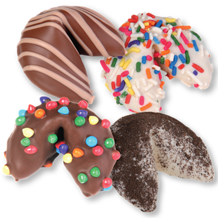 Van Wyk Confections' Famous Fortune Cookies™ flavors include Cookies & Cream, Chocolate Bits, Salted Caramel and Birthday Cake.