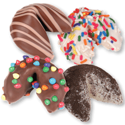 Van Wyk Confections&apos; Famous Fortune Cookies&trade; flavors include Cookies &amp; Cream, Chocolate Bits, Salted Caramel and Birthday Cake.