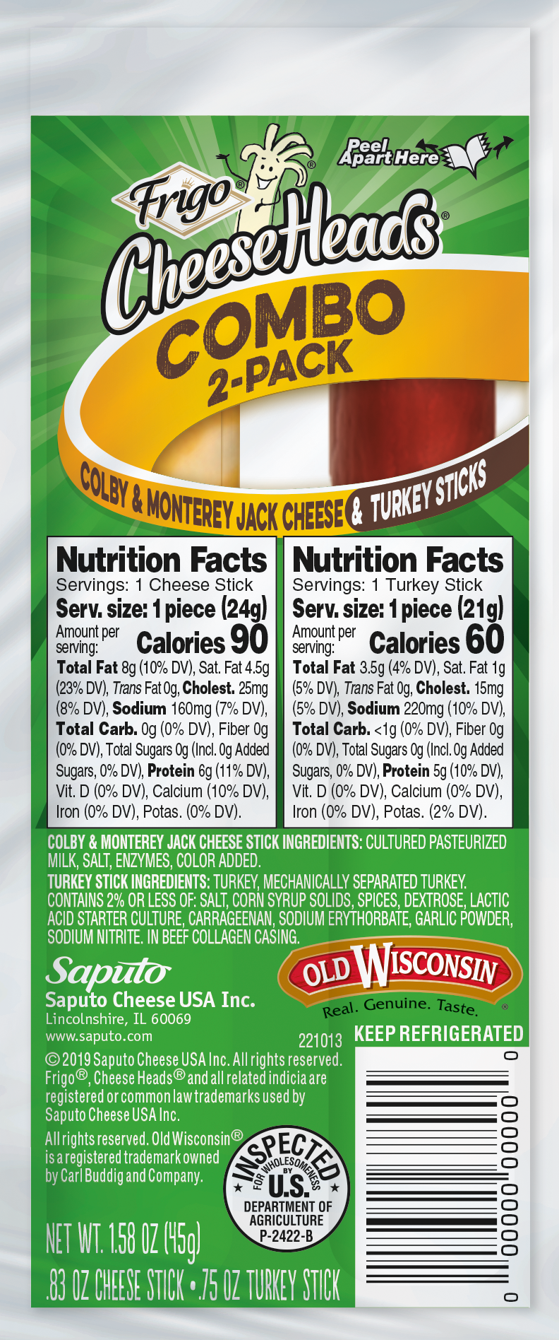 New to the Frigo&circledR; Cheese Heads&circledR; channel is Saputo's line of Meat & Cheese 2ct Combo Packs. Developed from the brands best sellers in the grocery channel, the line comes in 3 SKUs &ndash; Mild Cheddar & Beef, Colby Jack & Turkey and Ham & Swiss Cheese.