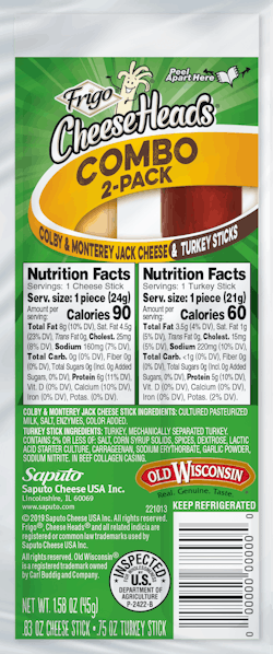 New to the Frigo® Cheese Heads® channel is Saputo's line of Meat & Cheese 2ct Combo Packs. Developed from the brands best sellers in the grocery channel, the line comes in 3 SKUs – Mild Cheddar & Beef, Colby Jack & Turkey and Ham & Swiss Cheese. New to the Frigo® Cheese Heads® channel is Saputo's line of Meat & Cheese 2ct Combo Packs. Developed from the brands best sellers in the grocery channel, the line comes in 3 SKUs – Mild Cheddar & Beef, Colby Jack & Turkey and Ham & Swiss Cheese.