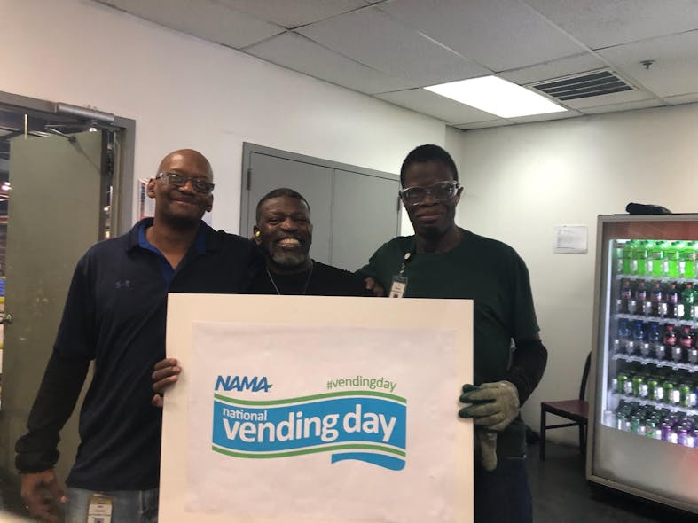 Ron Bryant, photographed above (in glasses) with friends. Ron is a frontline worker with Crane and winner of NAMA&apos;s National Vending Day social media contest.