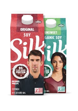 Michael Phelps and Aly Raisman will grace the front of Silk Soymilk cartons hitting shelves this May. Michael Phelps and Aly Raisman will grace the front of Silk Soymilk cartons hitting shelves this May.