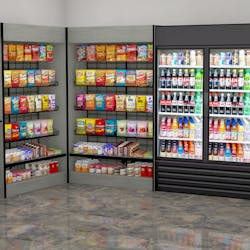 A typical rendering that Genesis D&eacute;cor would provide to a customer, showing three cabinets from the company&apos;s simple &ldquo;Market Basics&rdquo; package &ndash; a kiosk cabinet, and two snack cabinets.