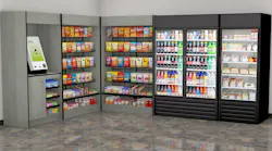 A typical rendering that Genesis Décor would provide to a customer, showing three cabinets from the company's simple “Market Basics” package – a kiosk cabinet, and two snack cabinets.