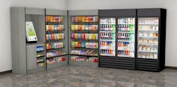 A typical rendering that Genesis Décor would provide to a customer, showing three cabinets from the company's simple “Market Basics” package – a kiosk cabinet, and two snack cabinets. A typical rendering that Genesis Décor would provide to a customer, showing three cabinets from the company's simple “Market Basics” package – a kiosk cabinet, and two snack cabinets.