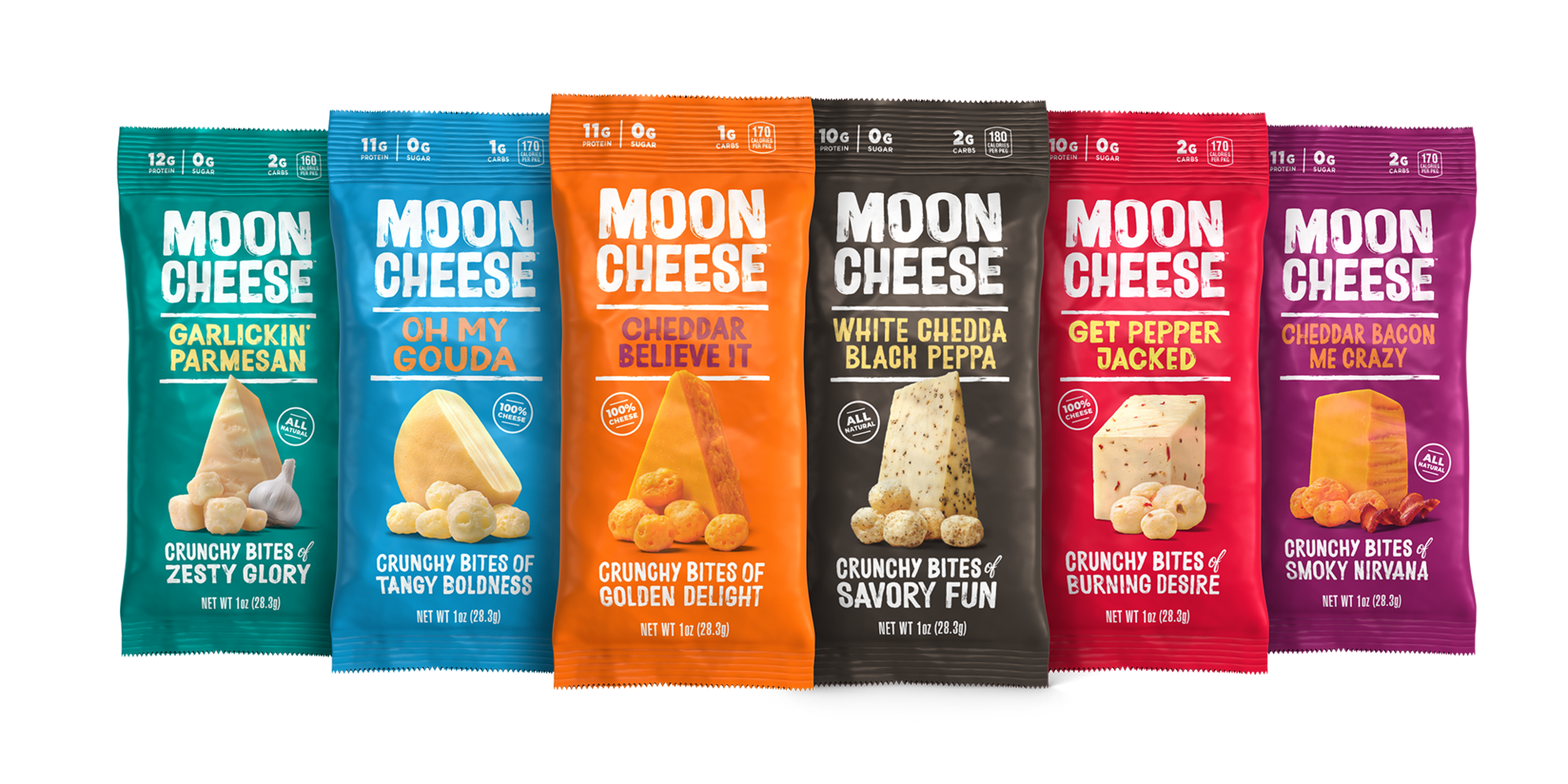 Moon Cheese, a 100% shelf stable crunchy cheese snack, is available in 1oz and 2oz sizes of several flavors.