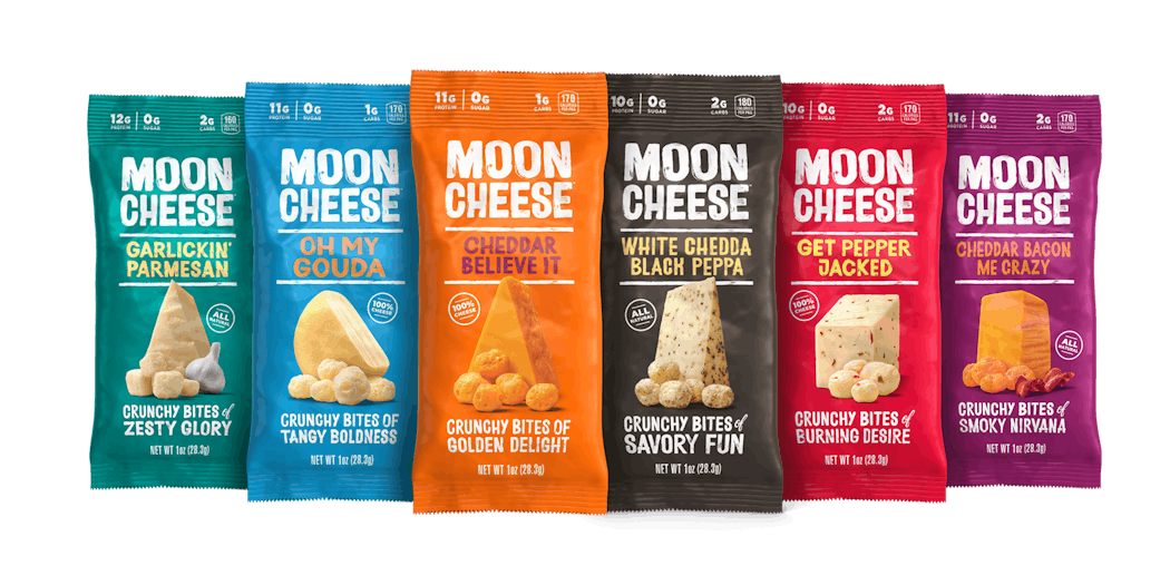 Moon Cheese, a 100% shelf stable crunchy cheese snack, is available in 1oz and 2oz sizes of several flavors.
