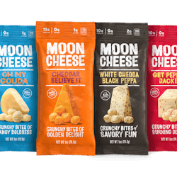Moon Cheese, a 100% shelf stable crunchy cheese snack, is available in 1oz and 2oz sizes of several flavors.