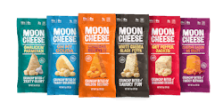 Moon Cheese, a 100% shelf stable crunchy cheese snack, is available in 1oz and 2oz sizes of several flavors.
