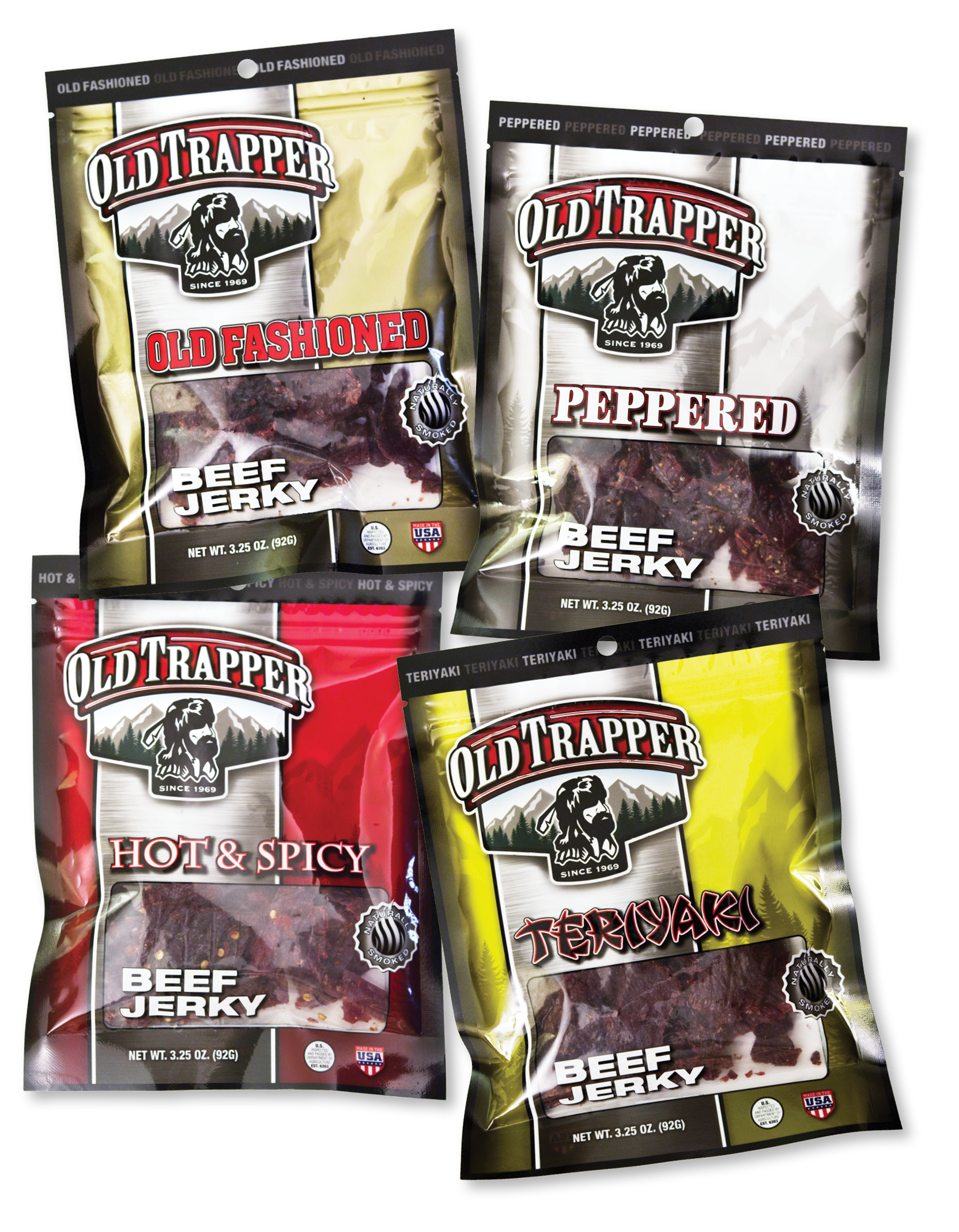Varieties of Old Trapper 3.25 oz snack size bag of beef jerky include Old Fashioned, Peppered, Hot & Spicy and Teriyaki.