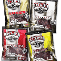 Varieties of Old Trapper 3.25 oz snack size bag of beef jerky include Old Fashioned, Peppered, Hot &amp; Spicy and Teriyaki.
