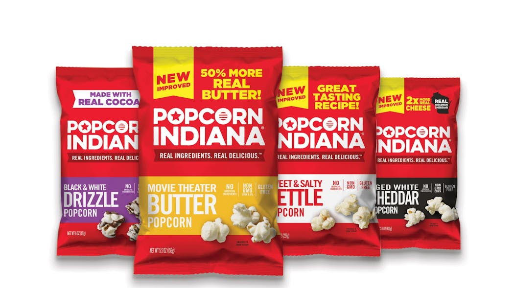 Popcorn Indiana&apos;s new reformulated flavors include Kettlecorn, Black &amp; White Drizzlecorn, Movie Theater Butter and Aged White Cheddar.
