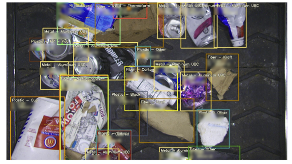 AMP's AI platform differentiates objects in the waste stream by color, size, shape, opacity, brand, and more, contextualizing and storing information about each item it perceives.