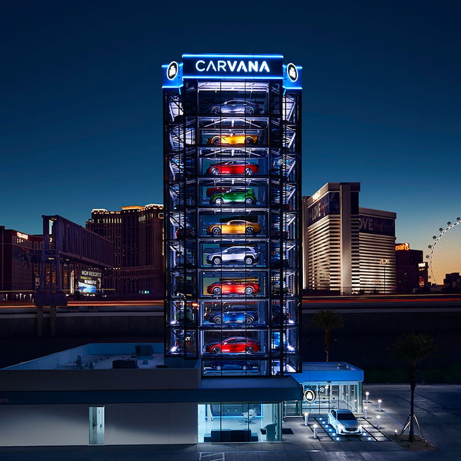 Carvana&apos;s first Car Vending Machine in Las Vegas stands 11 stories high. Carvana says it&rsquo;s the world&apos;s first slot machine for cars, too, putting a local spin on giant vending machines for which it&rsquo;s known.