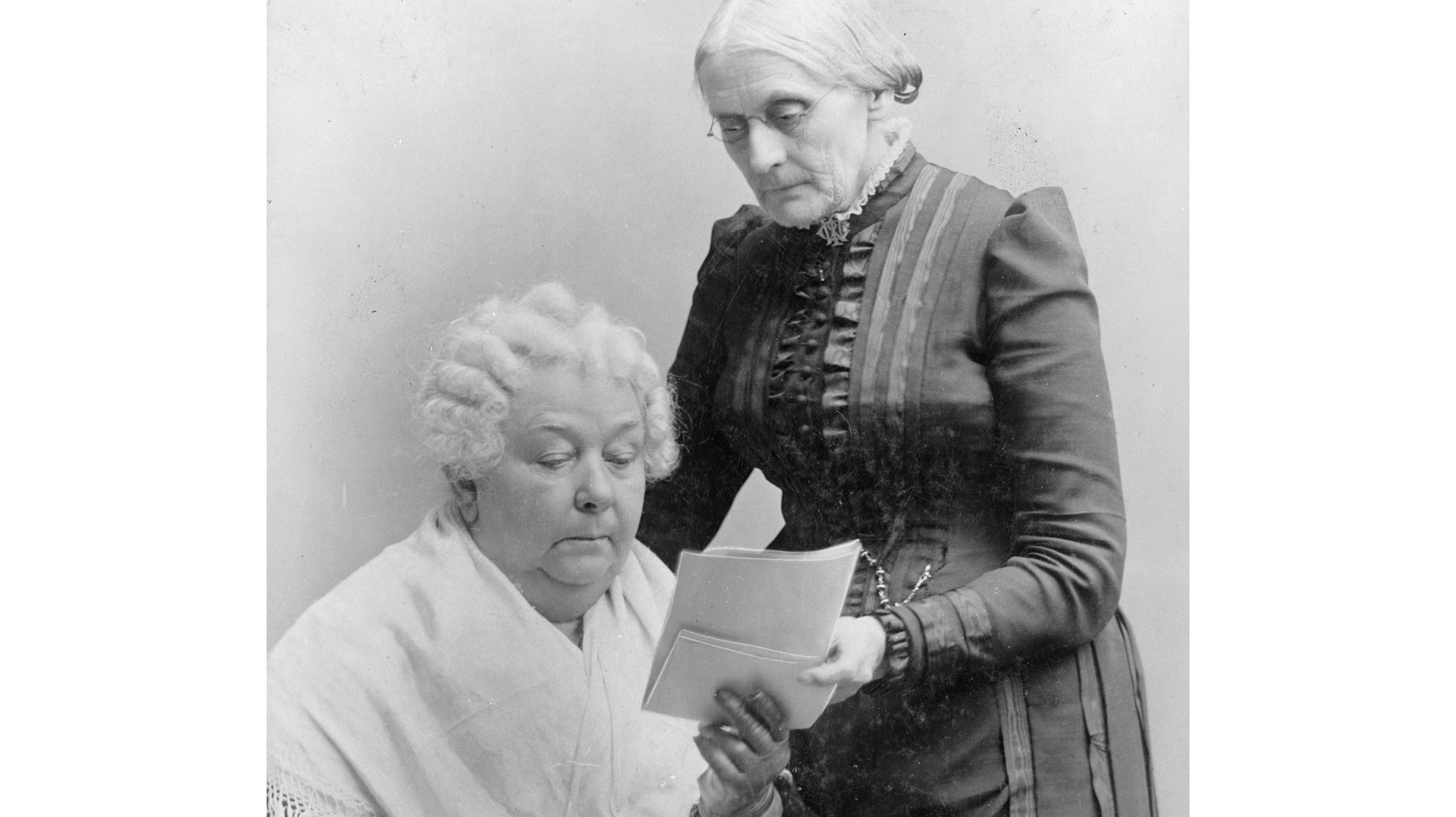 Elizabeth Cady Stanton (seated) with Susan B. Anthony. (This media file is in the public domain in the United States.)
