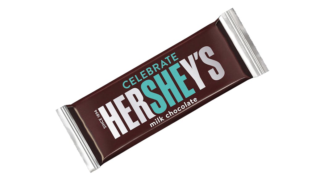 Hershey&rsquo;s highlights the &apos;SHE&apos; at center of bar packaging.