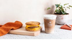 Peet&apos;s Everything plant-based breakfast sandwich is juxtaposed with Peet&apos;s Horchata cold brew oat latte.