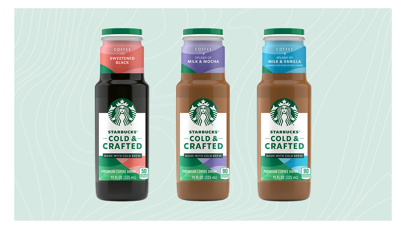 Starbucks Cold & Crafted RTD line launches with three coffee flavors: with a splash of milk and vanilla; with a splash of milk and mocha; and sweetened black.