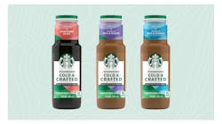 Starbucks Cold &amp; Crafted RTD line launches with three coffee flavors: with a splash of milk and vanilla; with a splash of milk and mocha; and sweetened black.