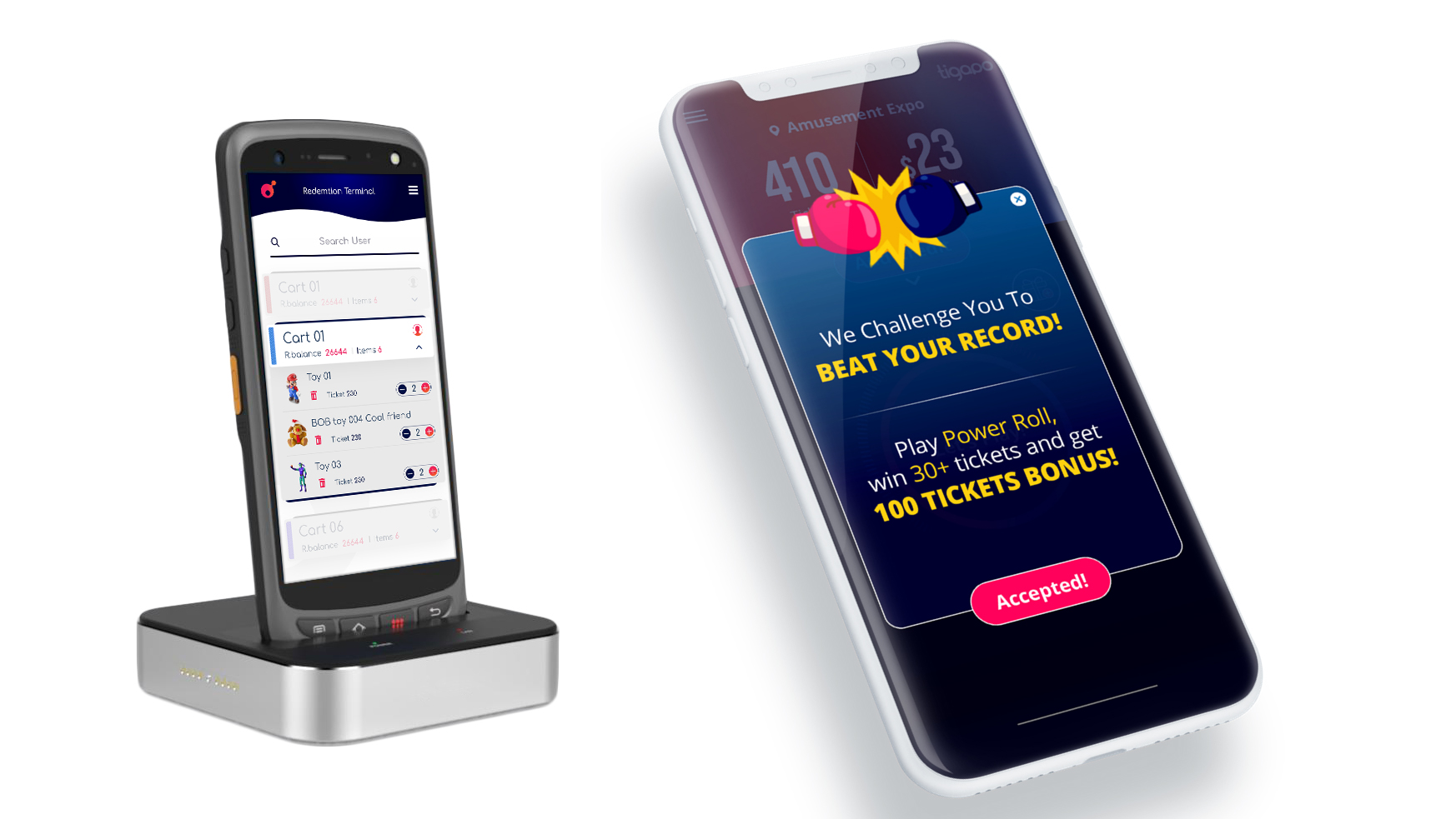 The 'challenge' screen at right shows the Tipago consumer app; the Chainway-C70 shows the redemption terminal that FECs use to track and redeem prizes.