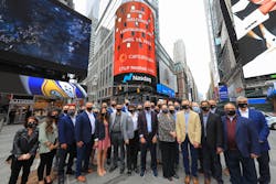 The Cantaloupe team led by chief executive Sean Feeney gather outside the Nasdaq MarketSite located in Midtown Manhattan’s Times Square for celebratory photo on April 19. The Cantaloupe team led by chief executive Sean Feeney gather outside the Nasdaq MarketSite located in Midtown Manhattan’s Times Square for celebratory photo on April 19.