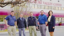 TV Coffee president Suzanne Boyer is pictured in front of company&rsquo;s Boise, ID, headquarters with her managers (from left): Alan Baze, Greg Schreiter, Kelly Brown and Joel Myers.