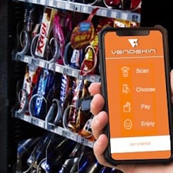 Vendekin&rsquo;s smart vending platform working with a cashless payment app, shown here with a glassfront machine, creates a digital and touch-free experience. The platform also provides real-time data analytics.