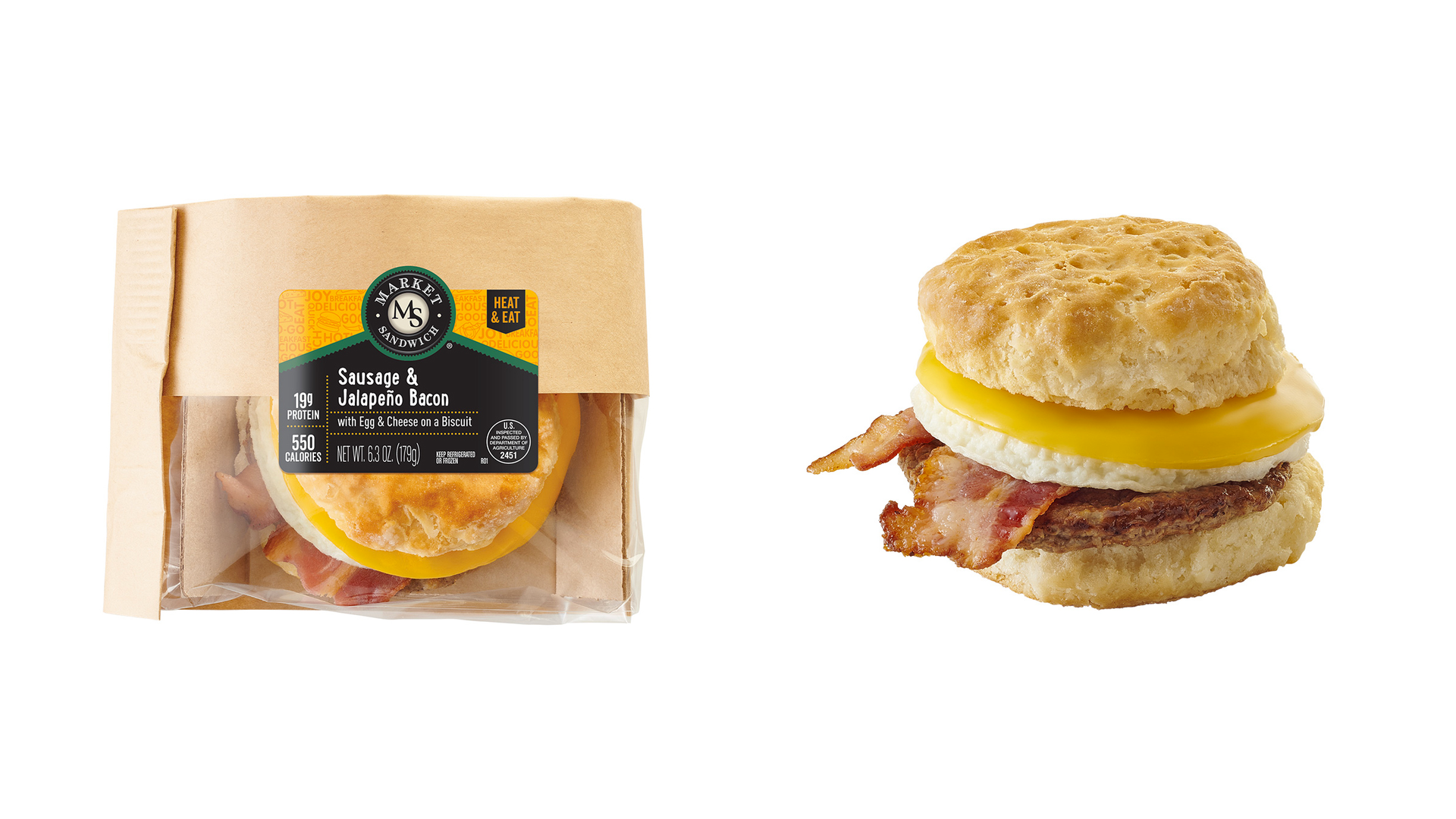 Market Sandwich's egg, cheese, sausage, jalape&ntilde;o and bacon on a flaky biscuit create a tasty and zippy breakfast snack. It's one of four varieties in the breakfast sandwich lineup.