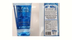 Real Water is advertised and marketed as alkalized drinking water in blue bottles with labels stating &apos;infused with negative ions&apos; and detoxifying properties.