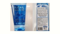 Real Water is advertised and marketed as alkalized drinking water in blue bottles with labels stating 'infused with negative ions' and detoxifying properties. Real Water is advertised and marketed as alkalized drinking water in blue bottles with labels stating 'infused with negative ions' and detoxifying properties.