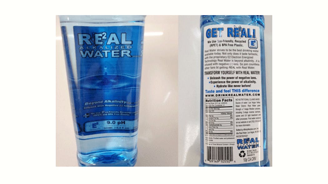 Real Water is advertised and marketed as alkalized drinking water in blue bottles with labels stating &apos;infused with negative ions&apos; and detoxifying properties.