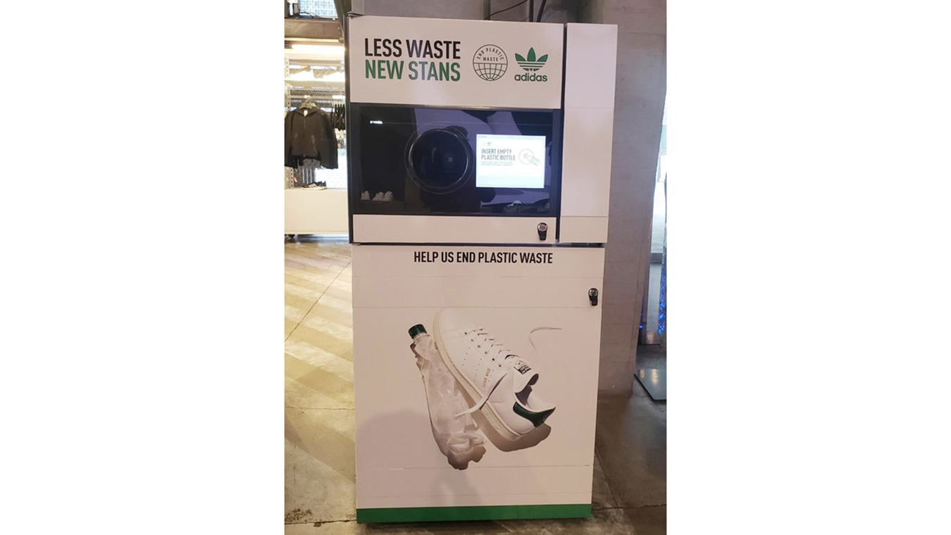 Shoppers at the Adidas store in Manhattan on 5th Ave. were able to recycle their empty plastic bottles and earn a discount on a pair of new Stan Smith sneakers made from recycled materials.