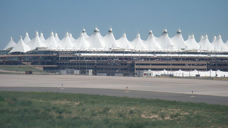 The Teflon-coated fiberglass roof of Denver International Airport resembles the Rocky Mountains.