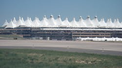 The Teflon-coated fiberglass roof of Denver International Airport resembles the Rocky Mountains. The Teflon-coated fiberglass roof of Denver International Airport resembles the Rocky Mountains.