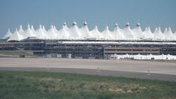 The Teflon-coated fiberglass roof of Denver International Airport resembles the Rocky Mountains.