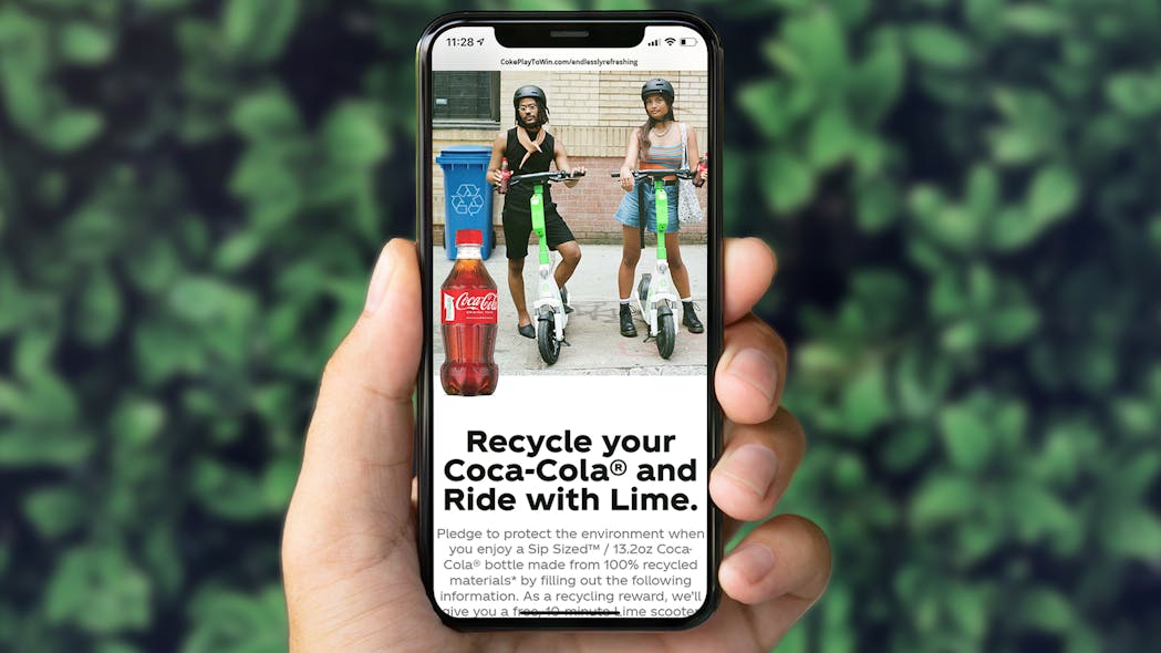 As Sip Sized 100% rPET bottles become available nationwide, Coca-Cola is championing another way for consumers to lighten their environmental footprint: free e-scooter rides from Lime.