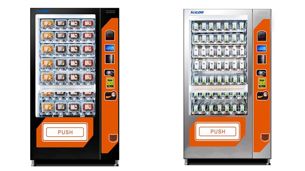 Haloo&apos;s HL-SLE-10C vending machine is available in black or white cabinets that measure 1350mm. W. x 860mm. D. x 1920mm. H. The new machine offers a maximum of 80 selections and can hold up to 1,000 units. MDB and DEX are the machine&apos;s standard interfaces.