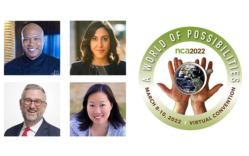 Keynote speakers for NCA&rsquo;s virtual conference include, counterclockwise from top left, celebrity chef Jeff Henderson, bestselling author Erica Dhawan, Brown Brothers Harriman &amp; Co.&apos;s G. Scott Clemons and DIG Insights vice president Cheryl Hung.